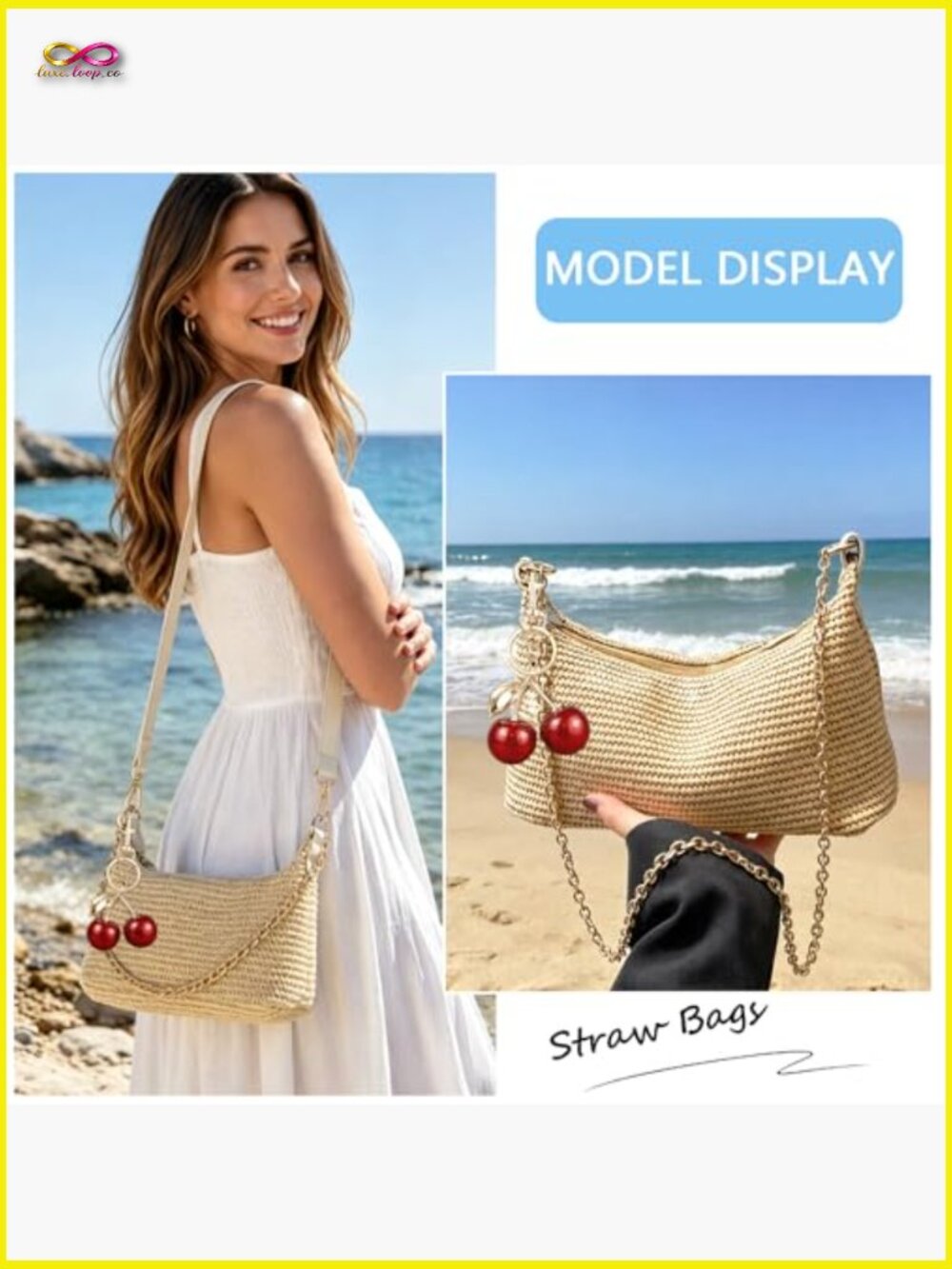 Cherry Straw Shoulder Bag Summer Woven Crossbody Purse Beach Vacation Tote Hobo - Picture 3 of 6